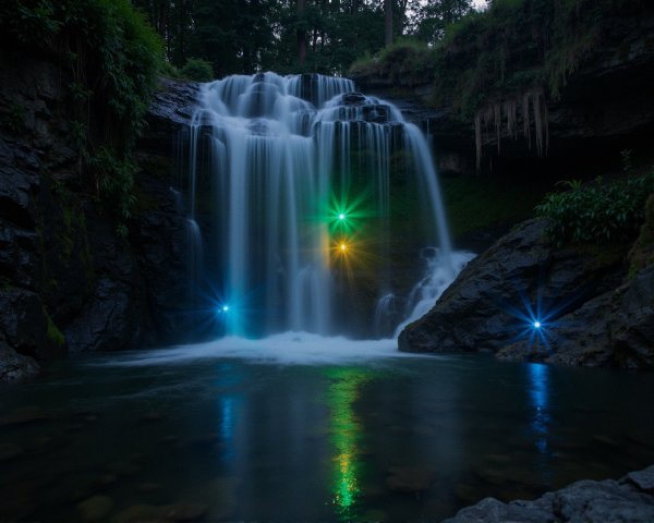 Serene Waterfall with Colorful Light Reflections