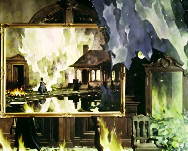 Surreal Landscape with Burning House and Contemplative Figure