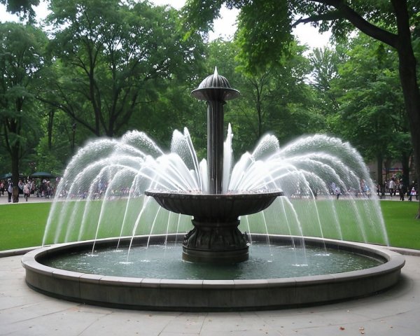 Fountain in Lush Park Surrounded by Tall Trees