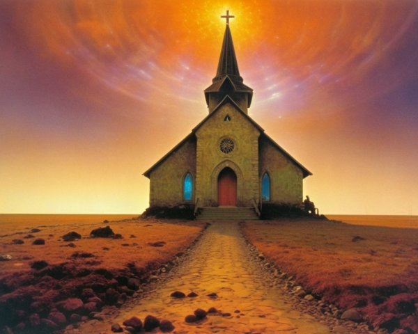 Weathered Church Building Under Vibrant Sunset Sky