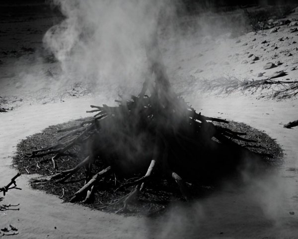 Campfire Structure in a Barren, Monochrome Landscape