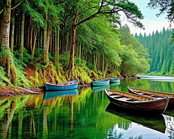 Tranquil River Landscape with Colorful Boats and Trees