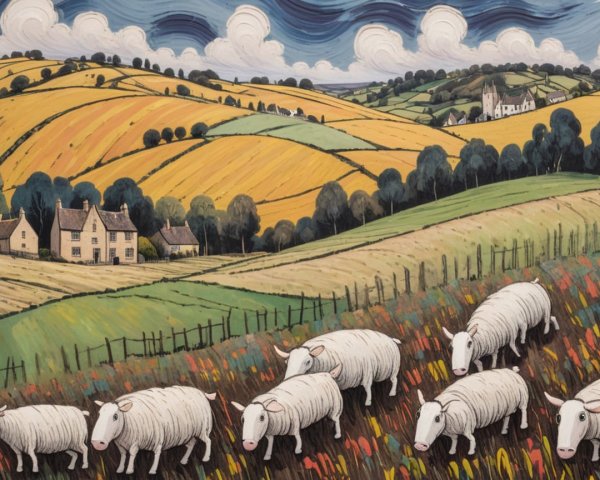 Vibrant Countryside Scene with Hills and Sheep