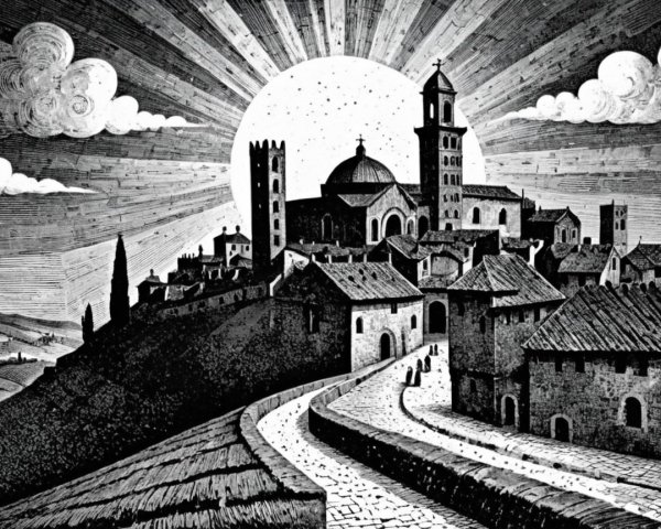 Monochromatic Illustration of a Village on a Hill
