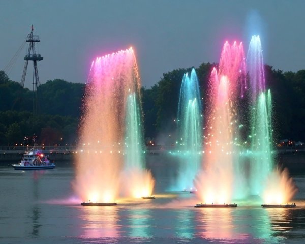Illuminated Water Fountains in Serene Dusk Setting