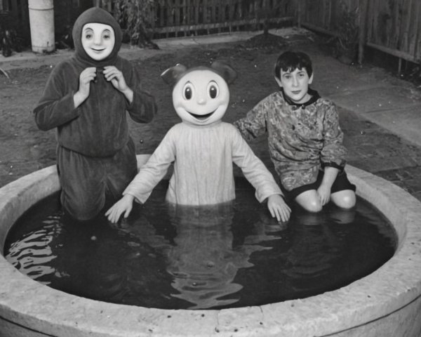 Individuals in a stone basin with whimsical masks