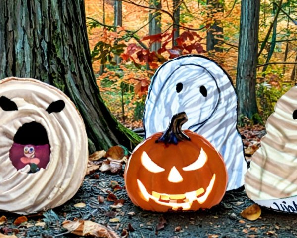 Colorful Halloween Decorations in Autumn Forest Setting