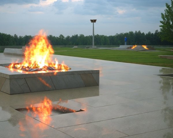 Serene Outdoor Space with Flame-Lit Structures