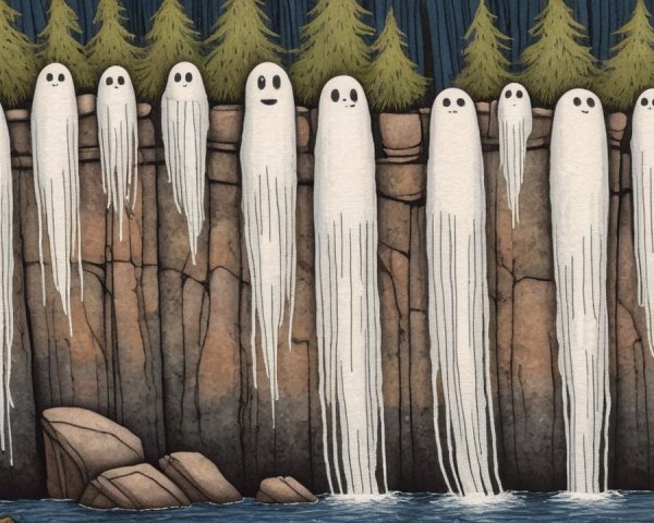 Whimsical Ghostly Figures on Rocky Cliff Overlooking Water