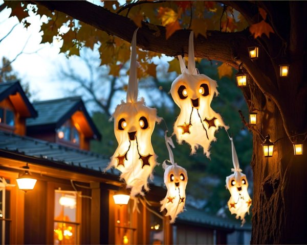 Autumn Tree with Colorful Leaves and Ghost Lanterns