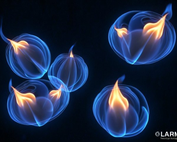 Luminous Spherical Shapes with Blue Glow and Flames