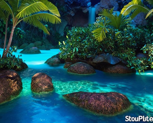 Tropical Lagoon Scene with Waterfall and Palm Trees