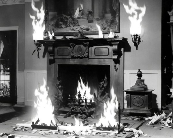Living Room Scene with Flames and Classic Furnishings