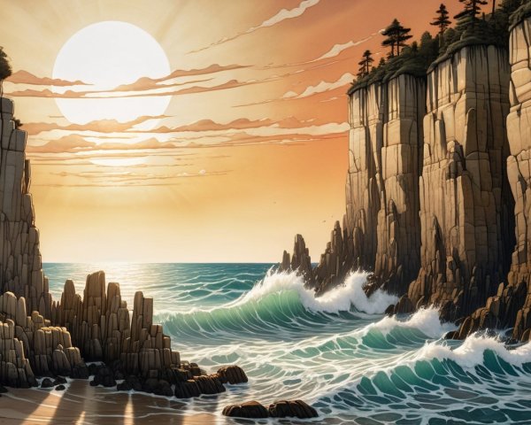 Coastal Sunset with Cliffs and Waves Overview