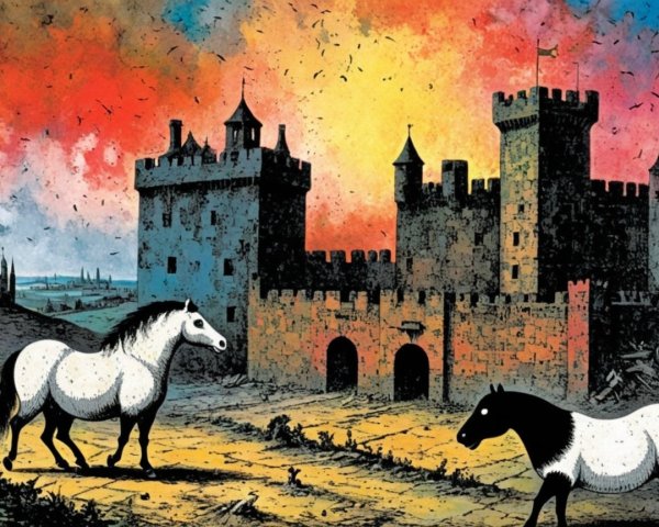 Horses by Medieval Castle at Fiery Sunset Landscape