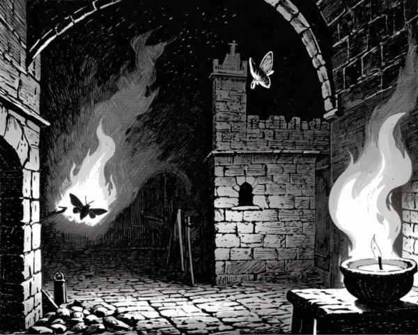 Medieval Stone Chamber with Candle and Butterflies