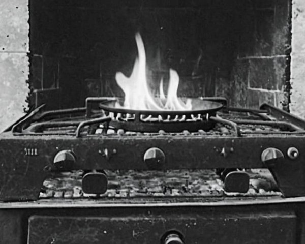 Vintage gas stove with cast iron pan and flames