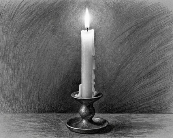 Black and white pencil drawing of a candle and holder