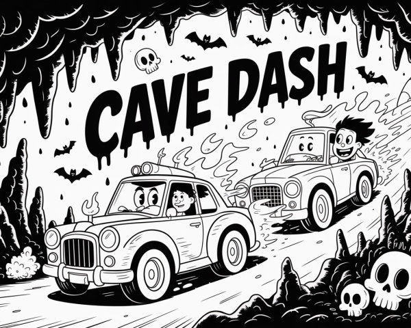 Playful Cartoon Scene of Cars Racing in a Cave