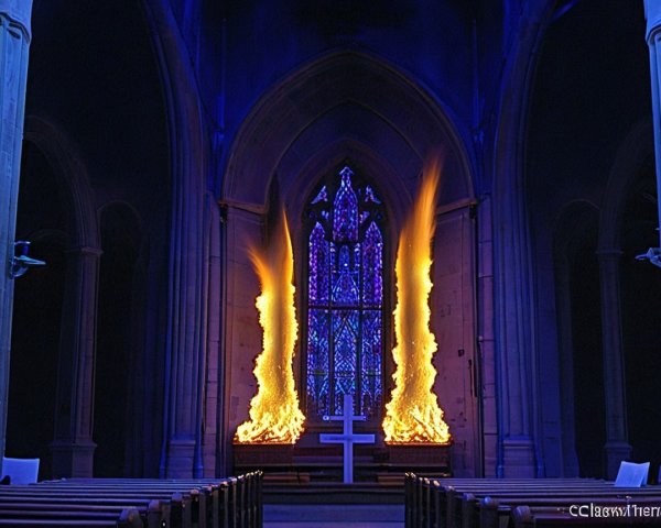 Gothic Church Interior with Stained Glass and Flames