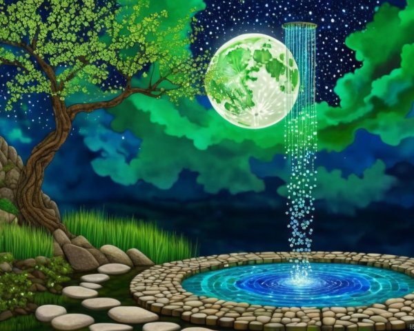 Tranquil Landscape with Blue Pond and Glowing Moon