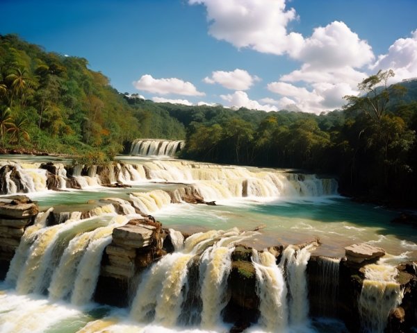 Cascading Waterfall with Turquoise Pool and Lush Greenery