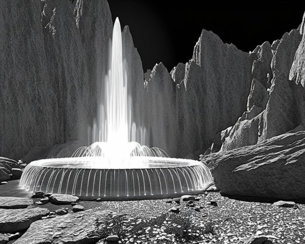 Black-and-white landscape with grand fountain and cliffs