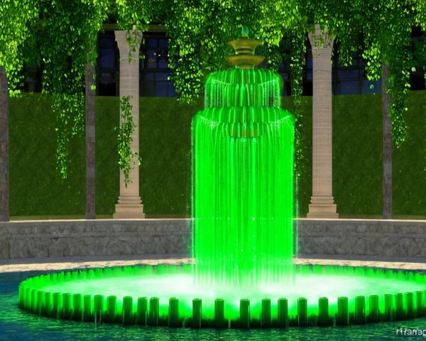 Cascading Green Water Fountain in Serene Garden Setting