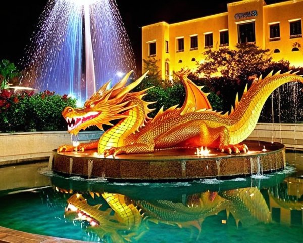 Golden Dragon Fountain Statue at Night with Water Jets