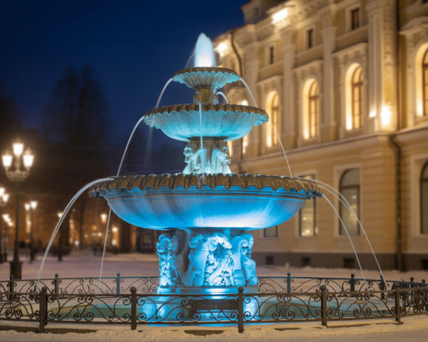 Illuminated Fountain with Tiered Bowls in Snowy Setting