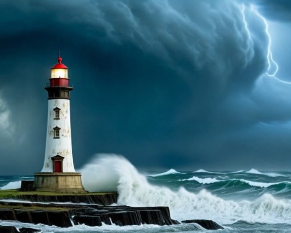 Dramatic Lighthouse on Rocky Shore Amidst Stormy Waves