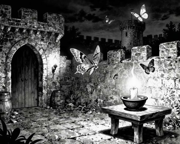 Grayscale Illustration of Stone Castle Courtyard at Night