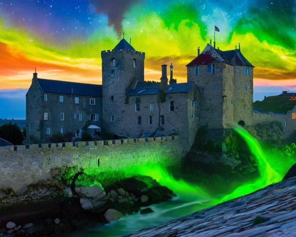 Majestic Castle by the Sea Under Northern Lights