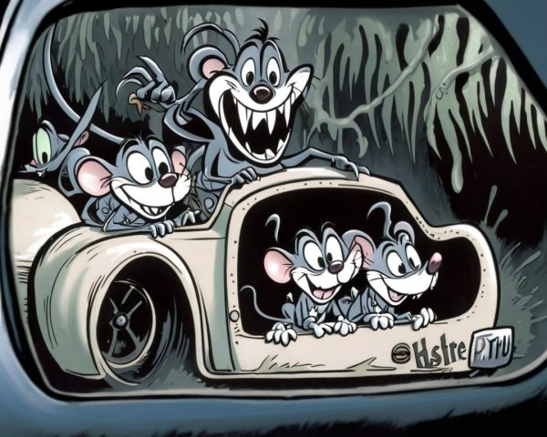 Cartoon Mice in Vintage Car in Whimsical Setting