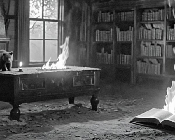 Cozy Eerie Room with Black Bear and Flickering Candle