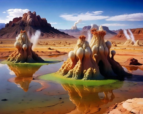Otherworldly Landscape with Dramatic Formations and Water