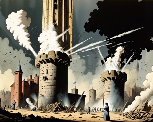 Dramatic Battle Scene at a Medieval Fortress