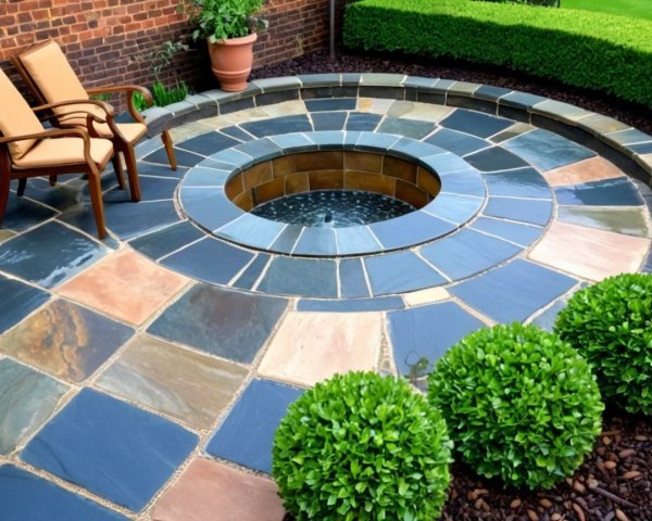Circular Stone Hot Tub in a Colorful Outdoor Space