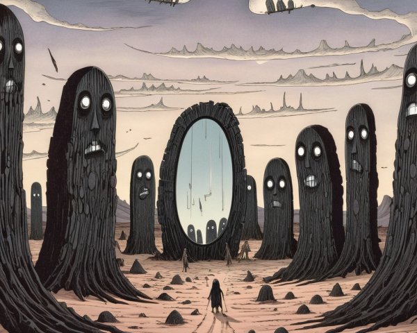 Surreal Landscape with Blackened Trees and Mirror