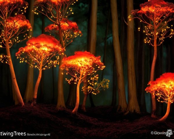 Mystical forest scene with glowing orange trees