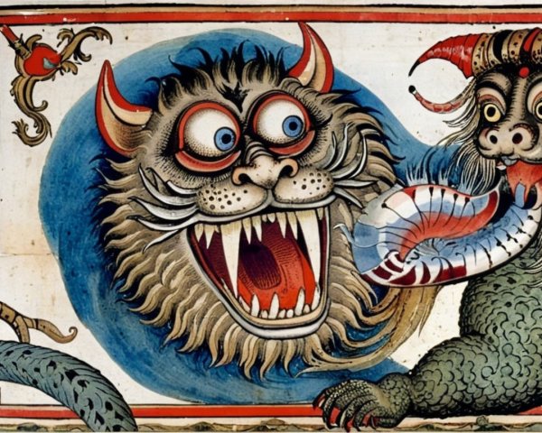 Fantastical creature with lion-like face and vivid colors