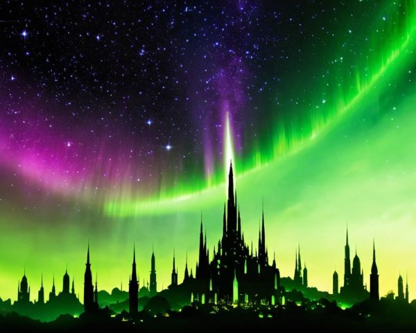 Castle Silhouette Under Aurora Borealis Night Sky