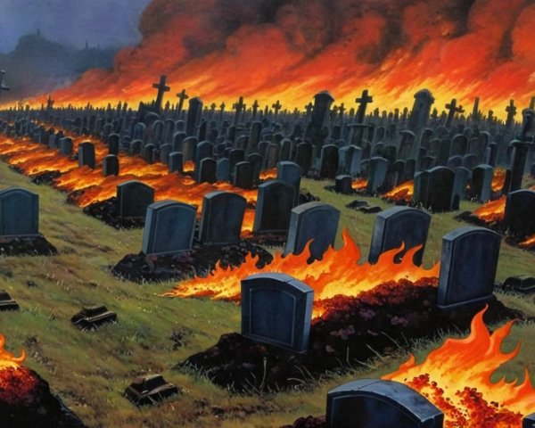 Fiery Graveyard Scene with Flames and Shadows