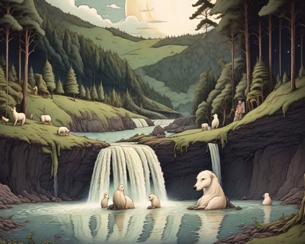 Tranquil River and Waterfalls in Serene Landscape