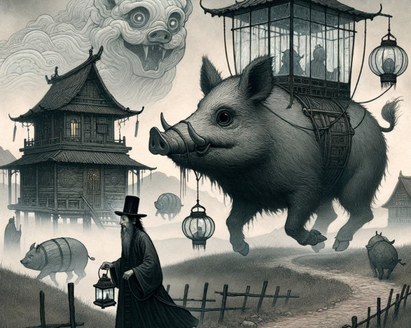 Whimsical Scene of Pig Cart and Asian Architecture