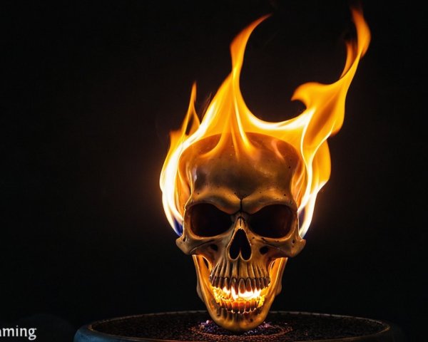 Golden Skull with Flames on Dark Background
