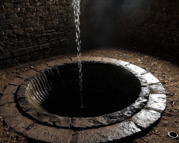 Deep Stone Well with Cascading Water and Rustic Stones