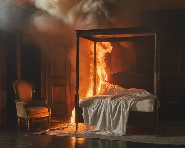 Flaming Four-Poster Bed in Dimly Lit Room