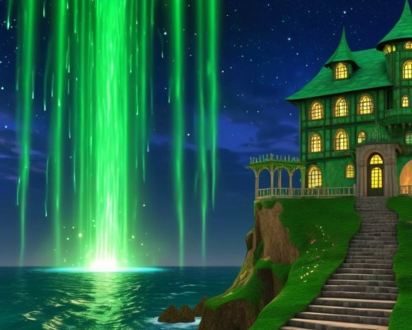 Mystical Scene with Green Beam Over Ocean and Mansion