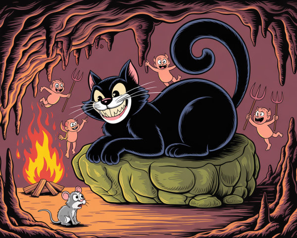 Whimsical Cave Scene with Cat and Imp Creatures